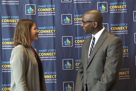 Photo: Chelsea Collier, Smart Cities Connect Editor-At-Large, interviews Dennis Gakunga, Chief Sustainability Officer, Chula Vista, California. Courtesy of Smart Cities Connect.