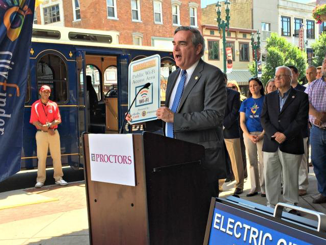 Daily Gazette Photo:  Mayor Gary McCarthy discusses the public wi-fi plan at the unveiling of the City of Schenectady's new trolley service. Photographer: Brett Samuels.