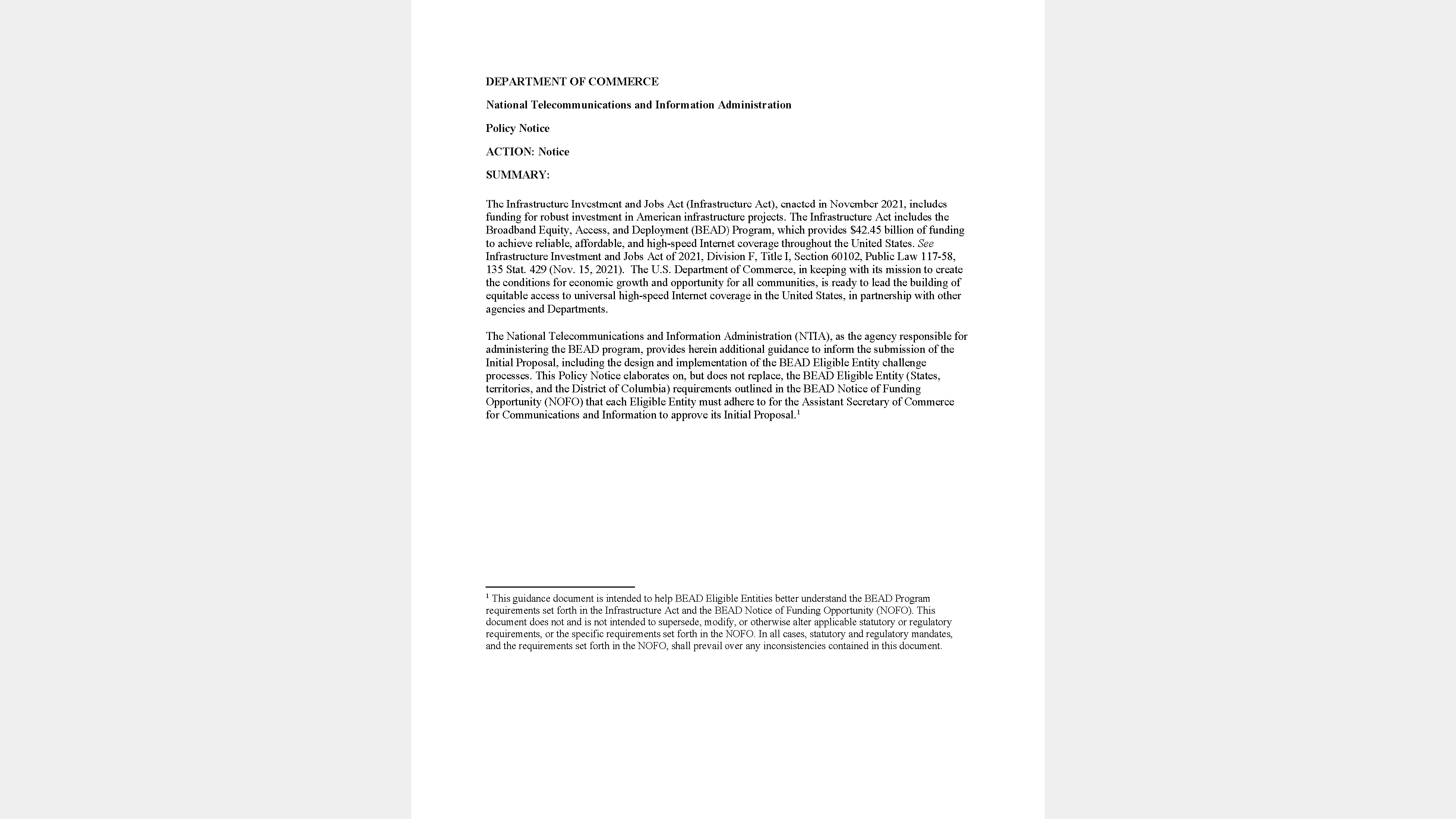 First page of the BEAD Challenge Process Policy Notice issued by the National Telecommunications and Information Administration (NTIA), Department of Commerce.