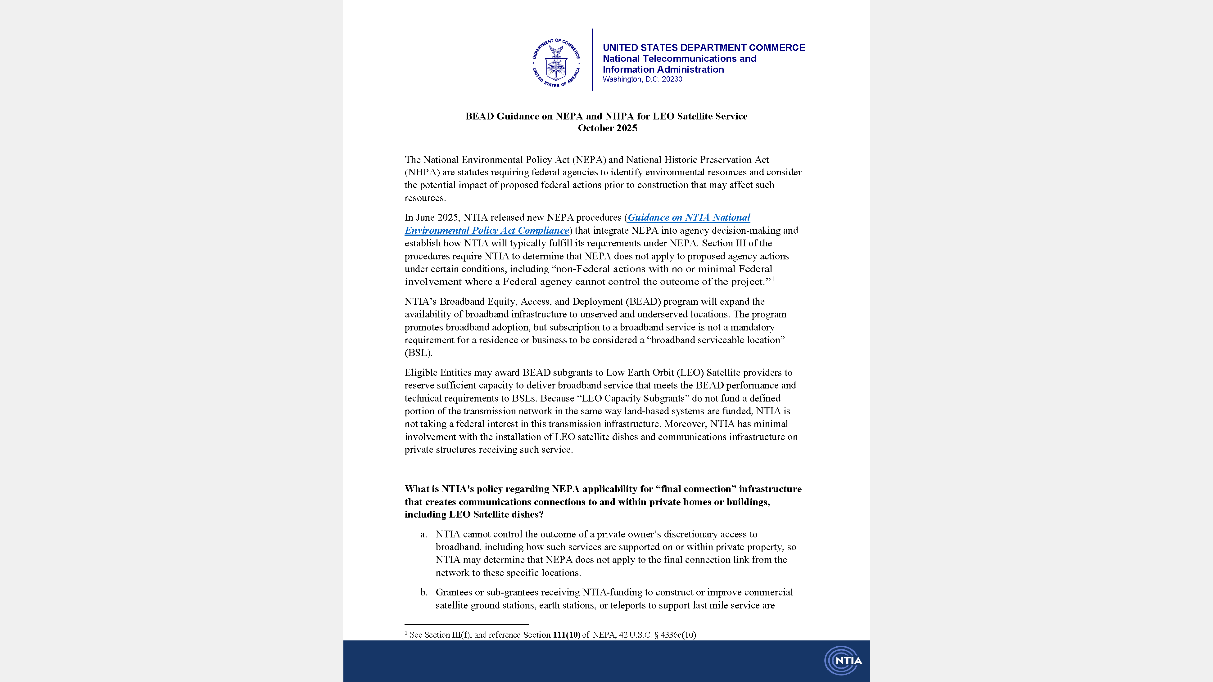 BEAD Guidance on NEPA and NHPA for LEO Satellite Service