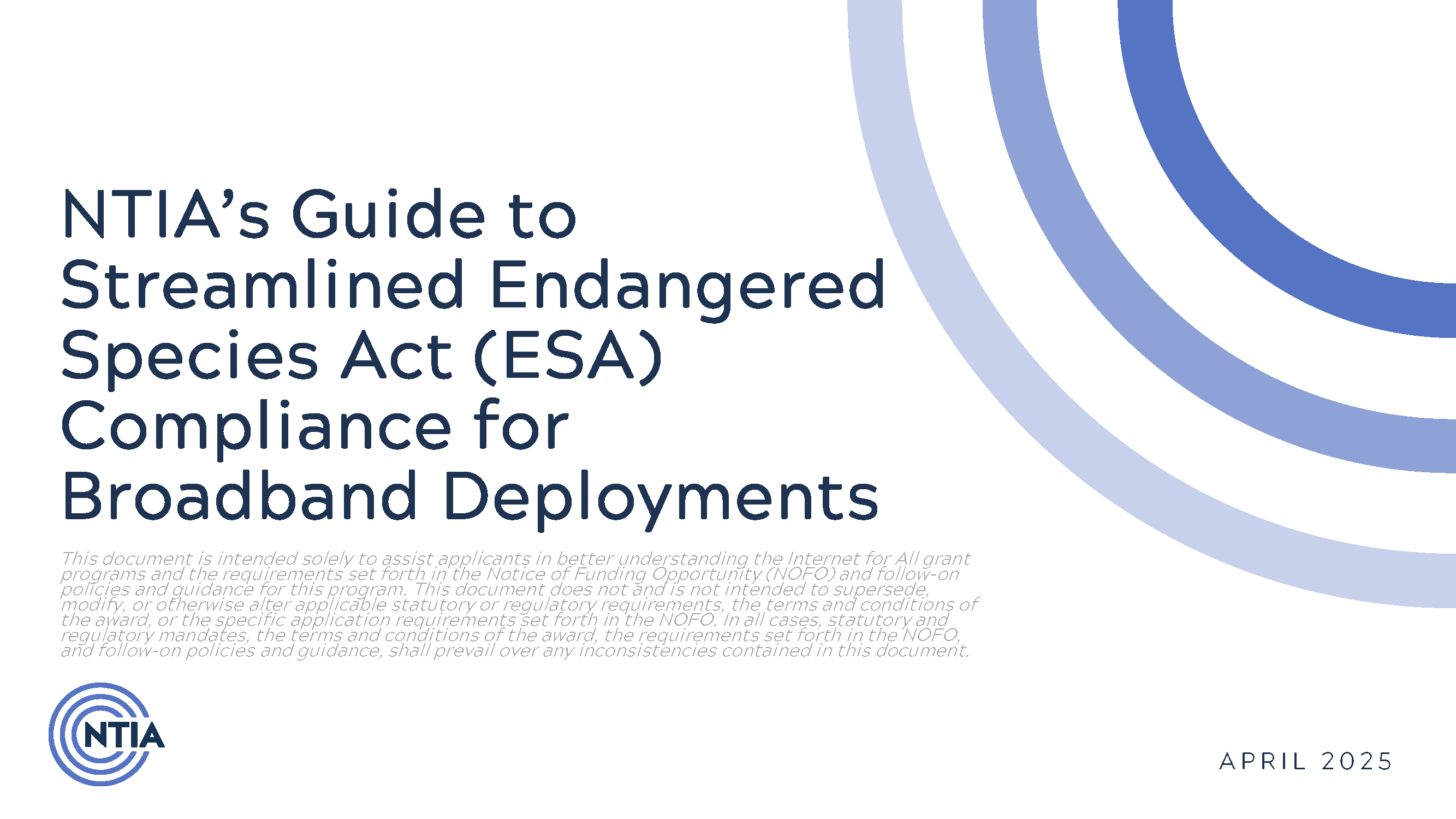 Cover page of NTIA’s Guide to Streamlined ESA Compliance for Broadband Deployments.