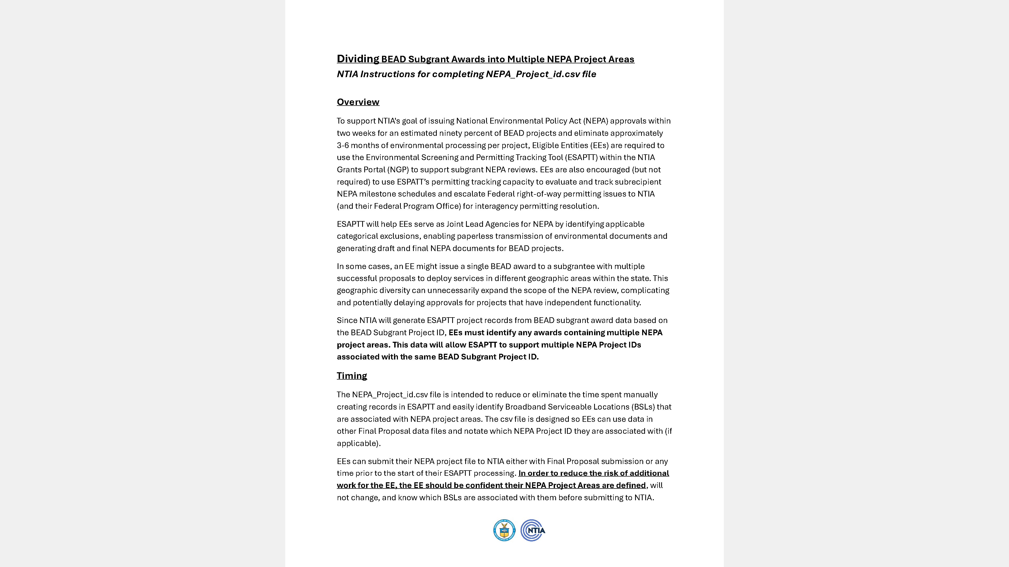 Dividing BEAD Subgrant Awards into Multiple ESAPTT NEPA Project Areas