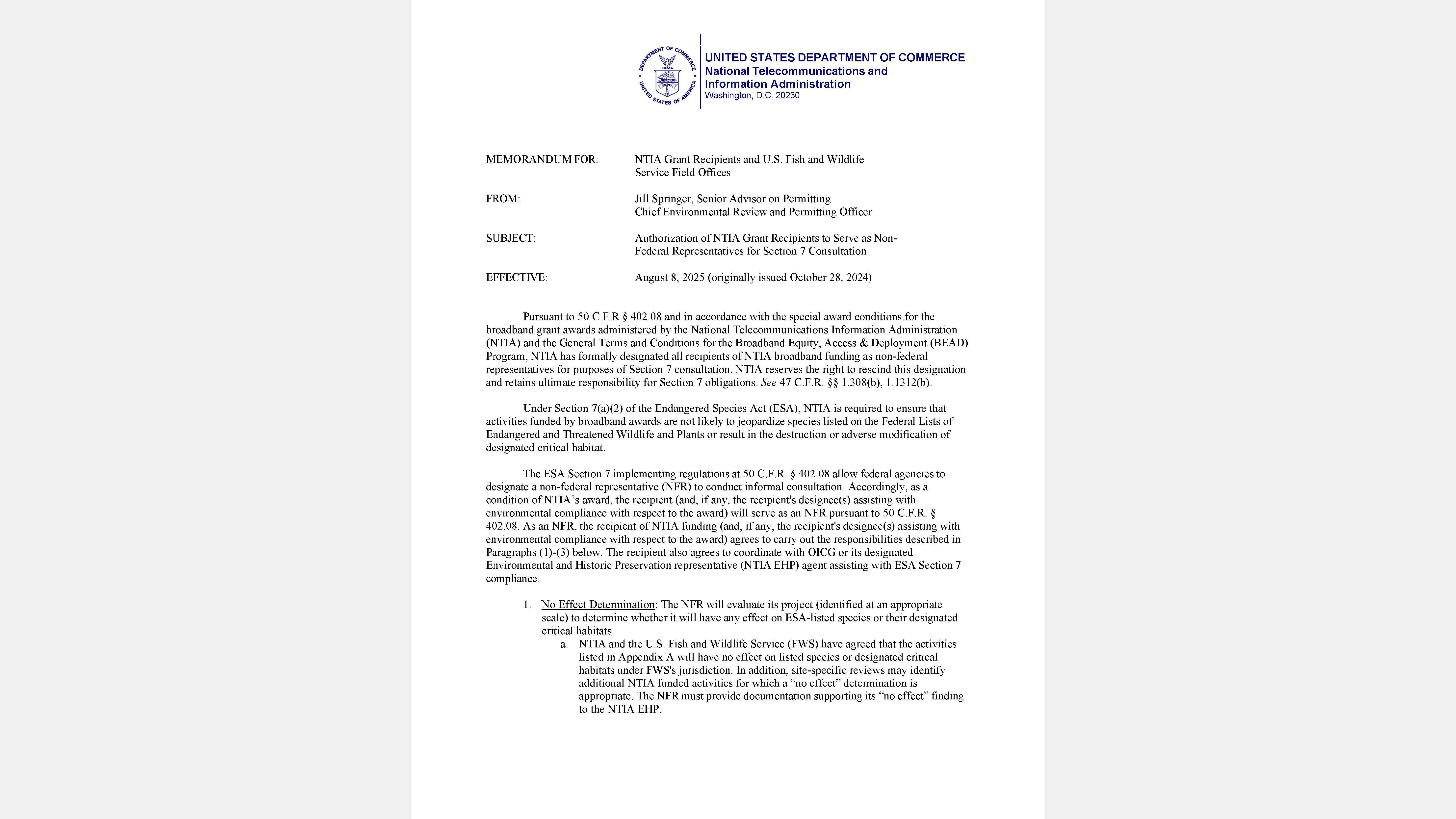 USFWS Section 7 “No Effect” List and Consultation Memo