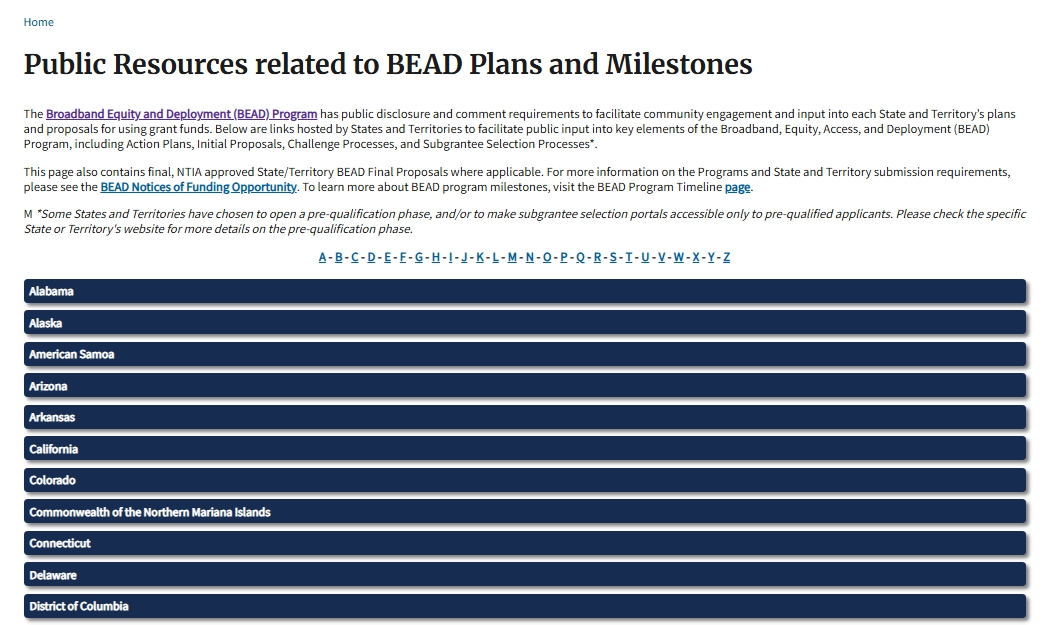 Screenshot of BroadbandUSA BEAD Plans and Milestones Page
