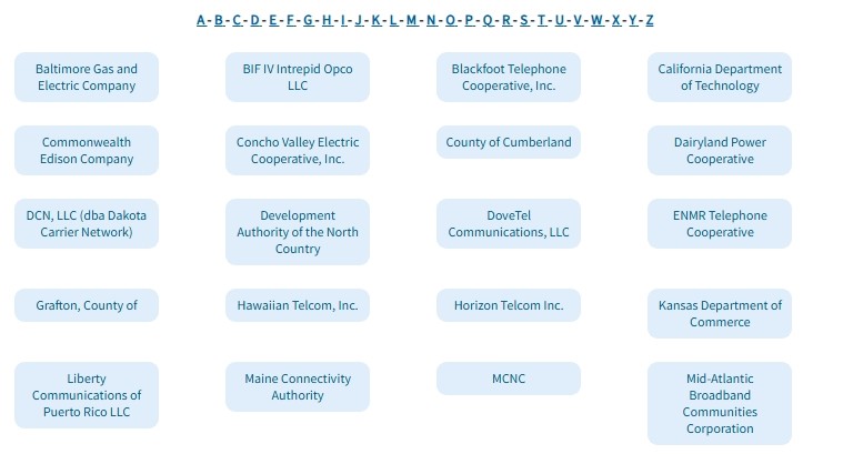 Blue Grid of Middle Mile Award Recipients Page