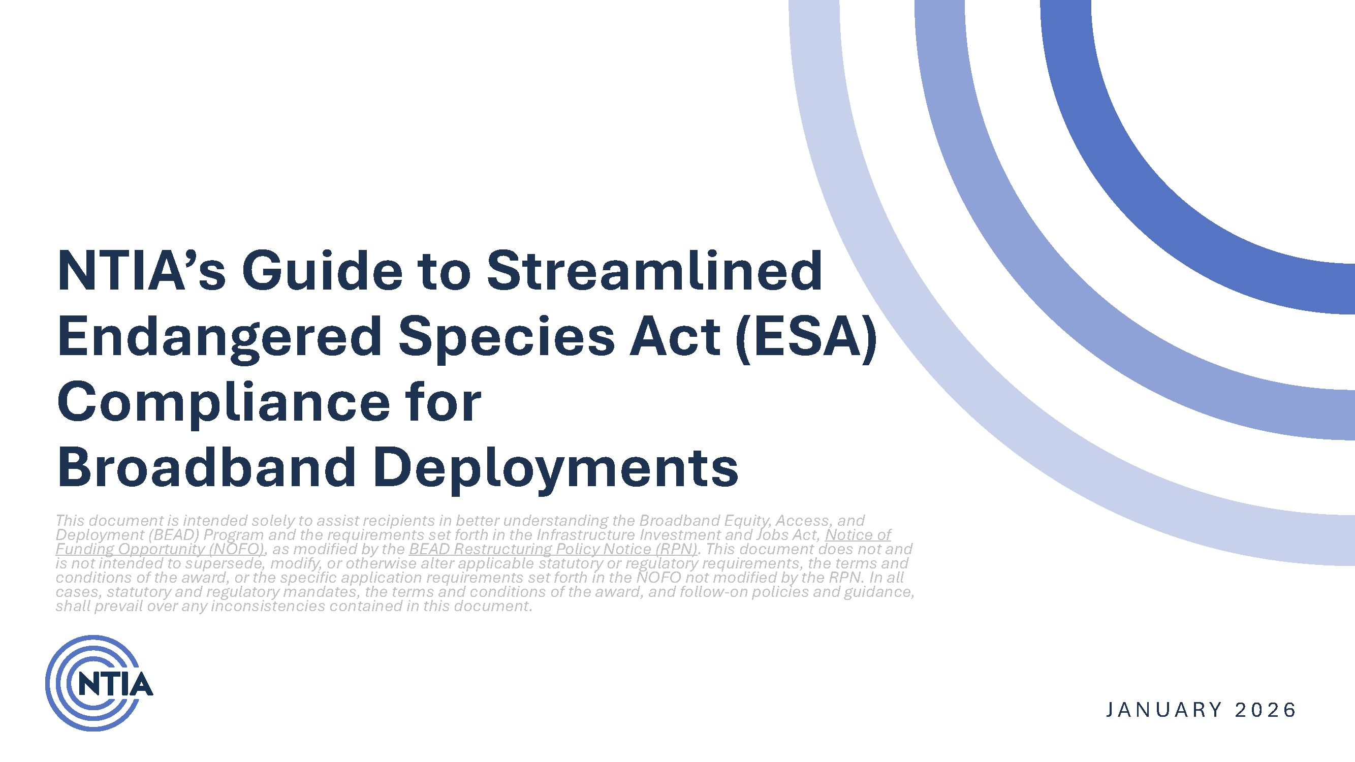 Cover page of NTIA’s Guide to Streamlined ESA Compliance for Broadband Deployments.